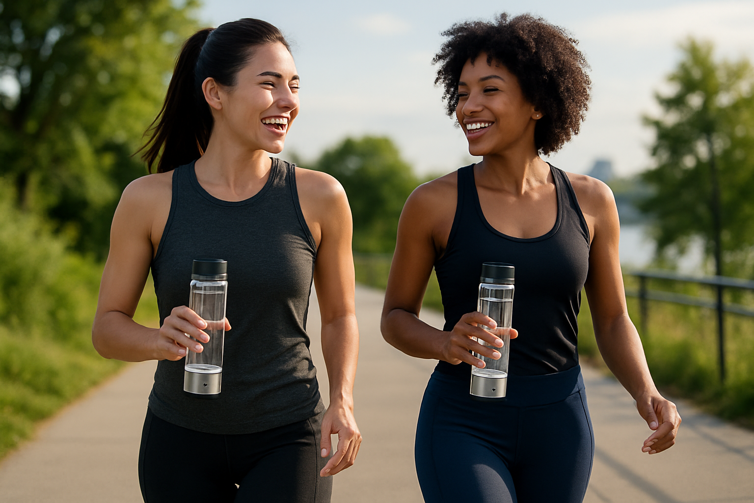 two fit women walking for exercise both have Hydrogen Water bottles