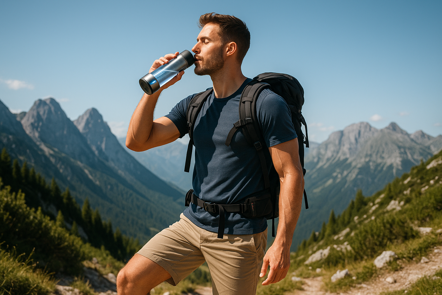 hydrogen water bottle all the craze right now,  a hiker sipping 